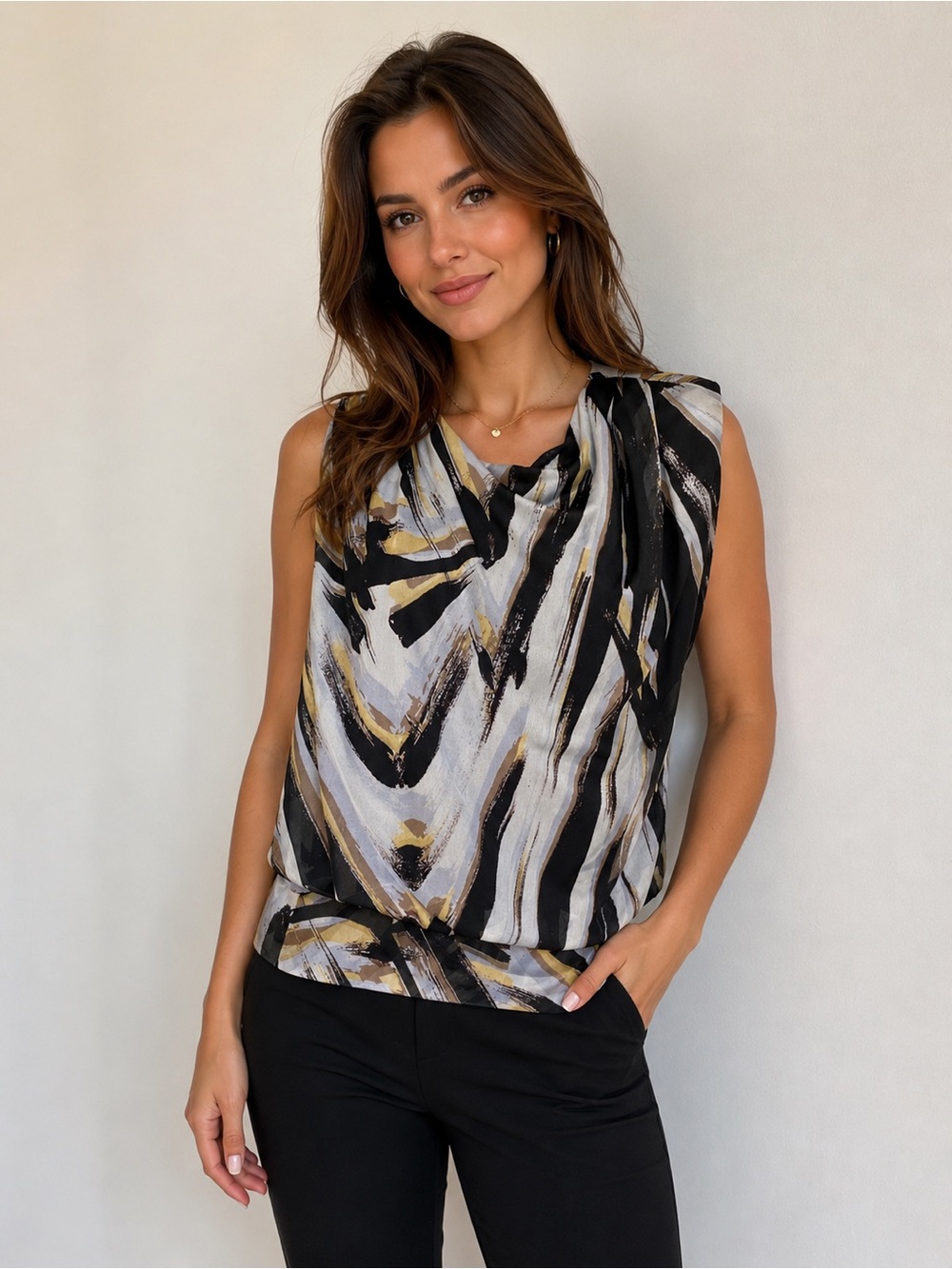 Cowl Neck Abstract Print Camisole in Black, Cream & Gold